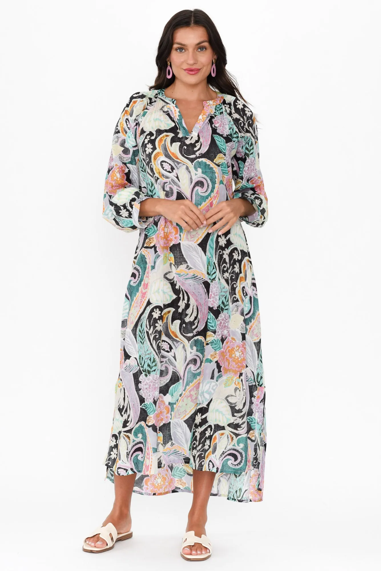 Liliana Black Paisley Cotton Tie Dress