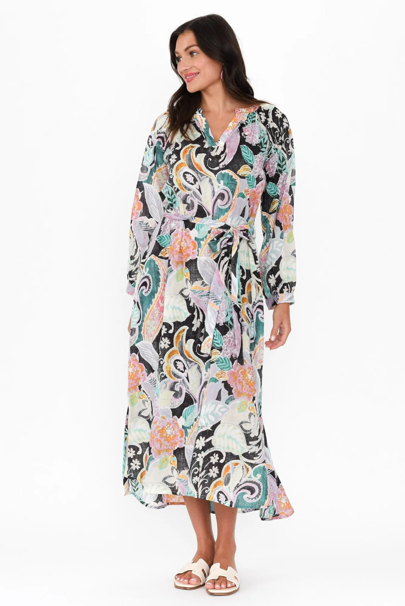 Liliana Black Paisley Cotton Tie Dress