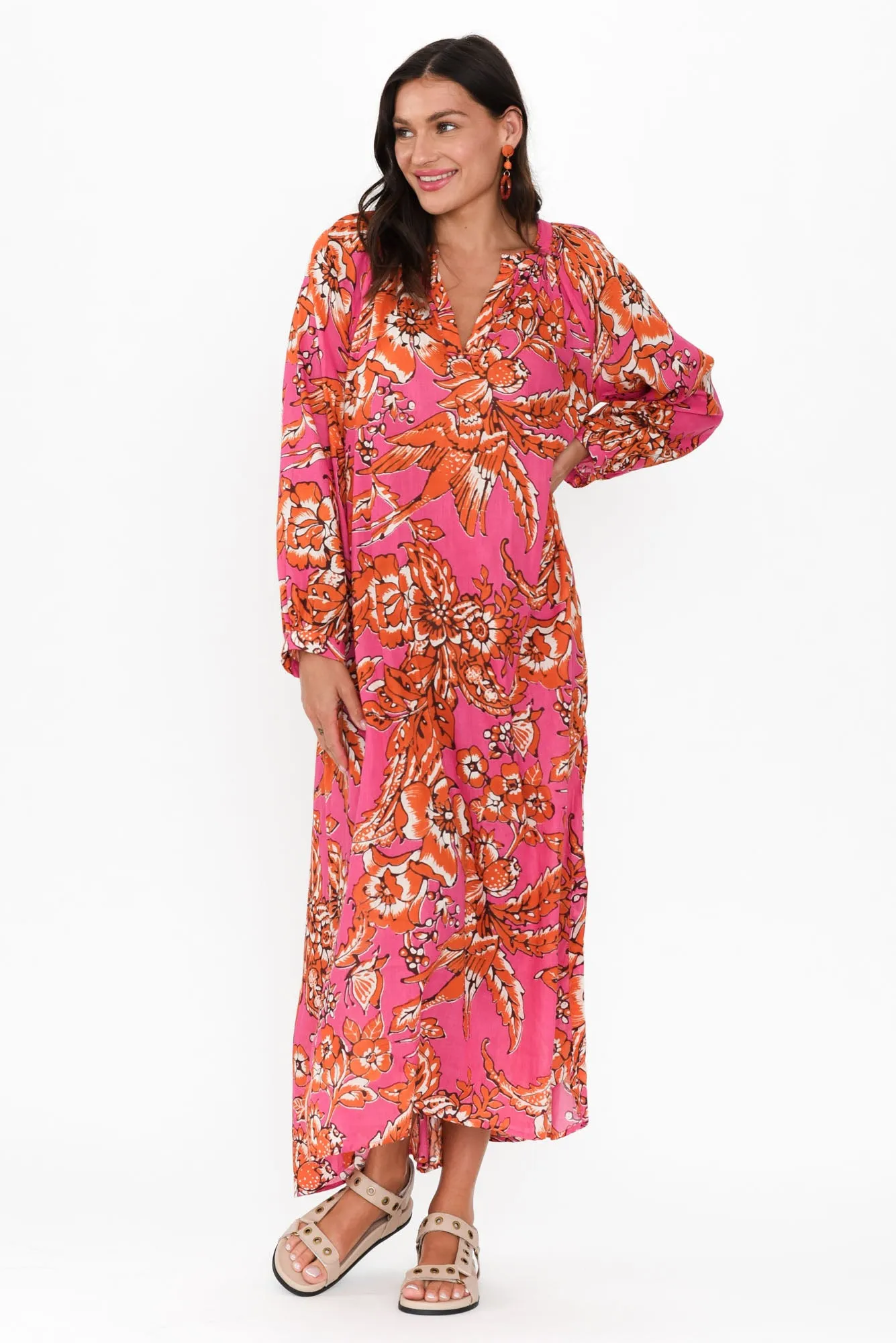 Liliana Orange Garden Cotton Tie Dress