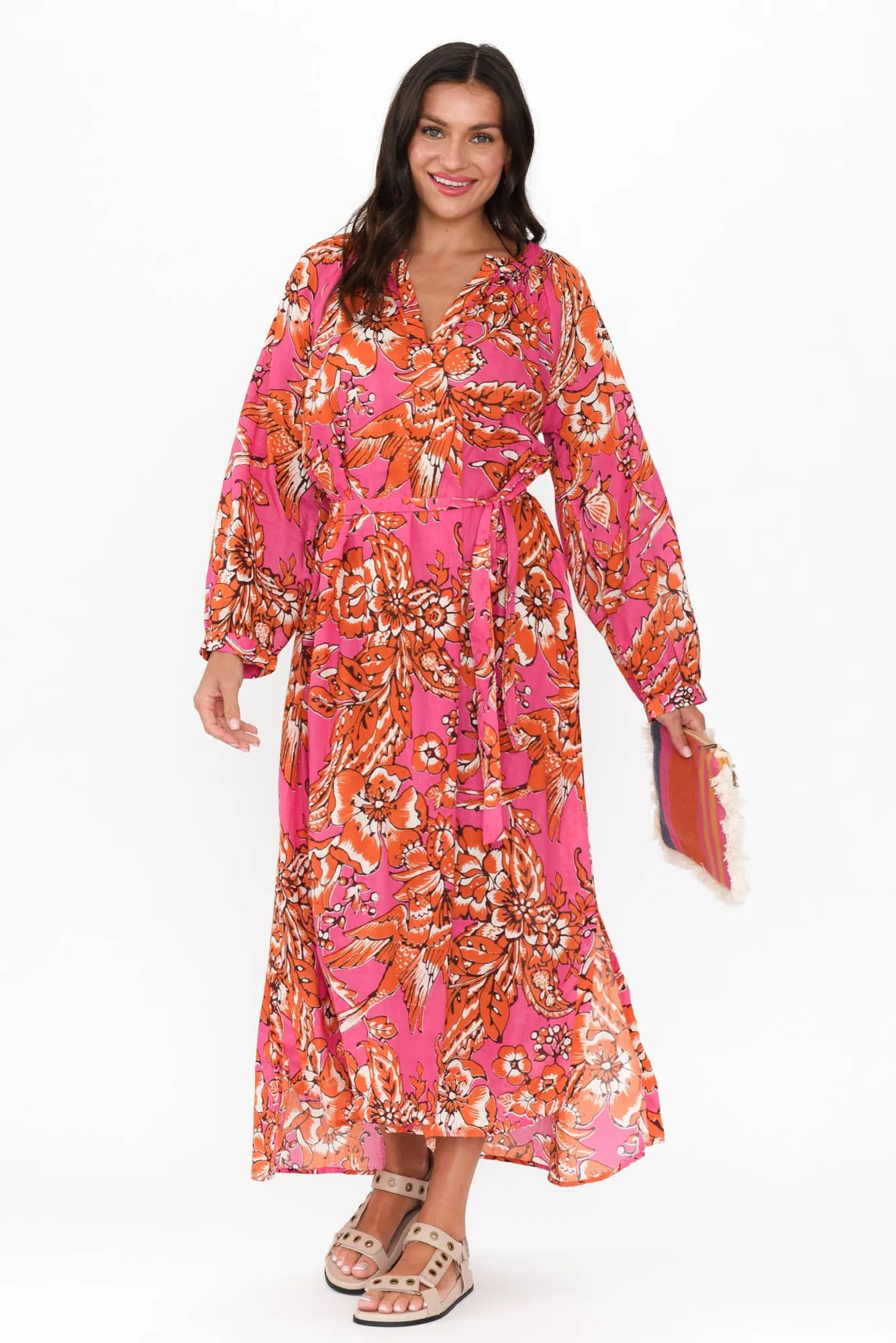 Liliana Orange Garden Cotton Tie Dress