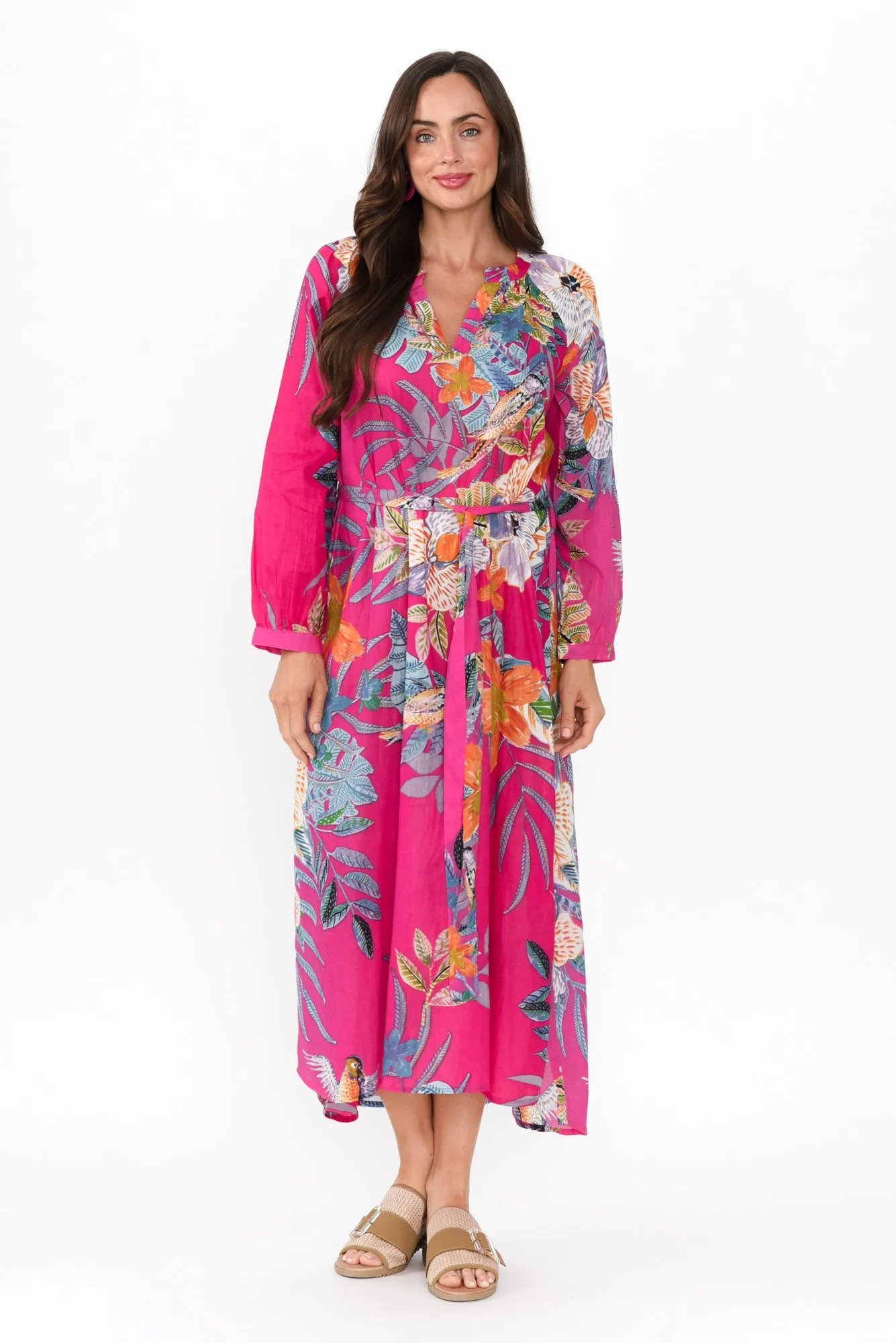 Liliana Pink Bird Cotton Tie Dress