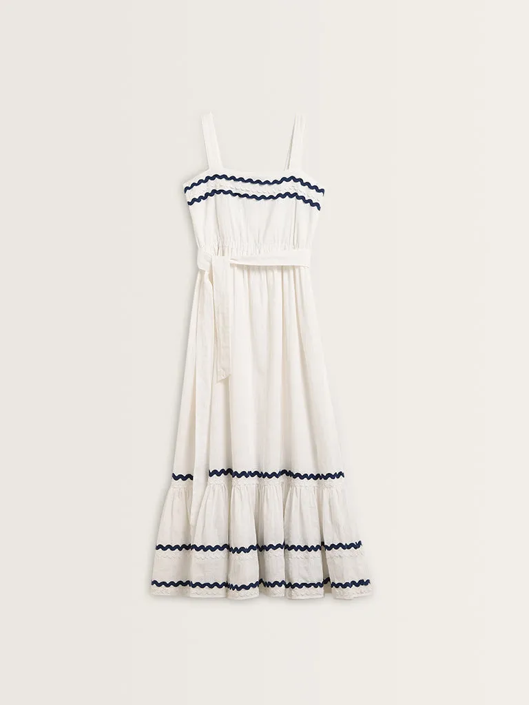 LOV White Embroidered Tiered Cotton Dress with Belt