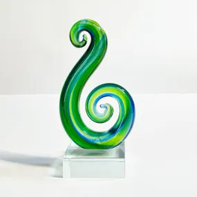 Maori Small Green Blue Double Koru Glass Ornament or Trophy