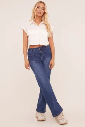 Mid Blue Front Pockets Straight Leg Jeans - Analynn