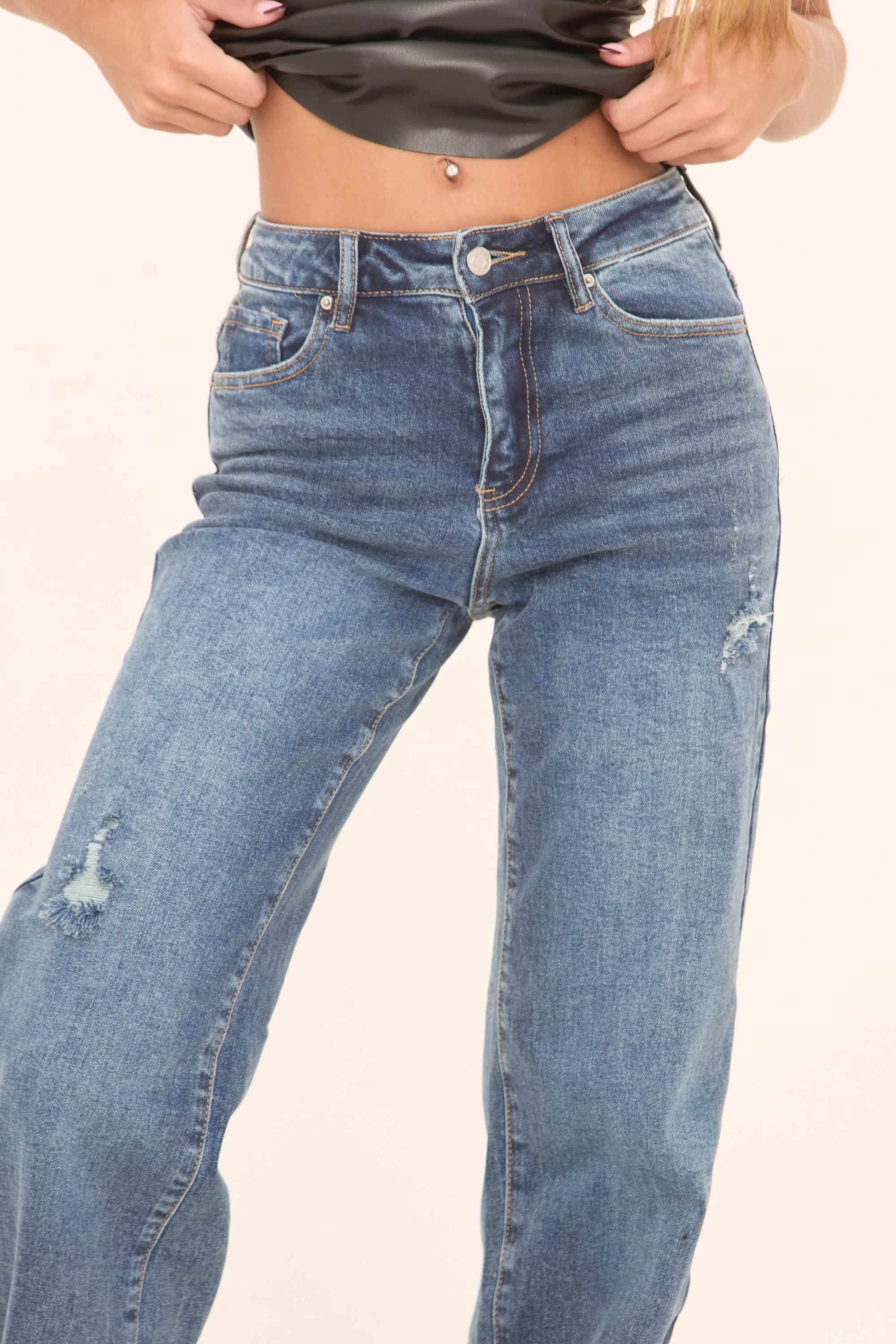 Mid Blue Stretch Distressed Straight Leg Denim Jeans - Zia