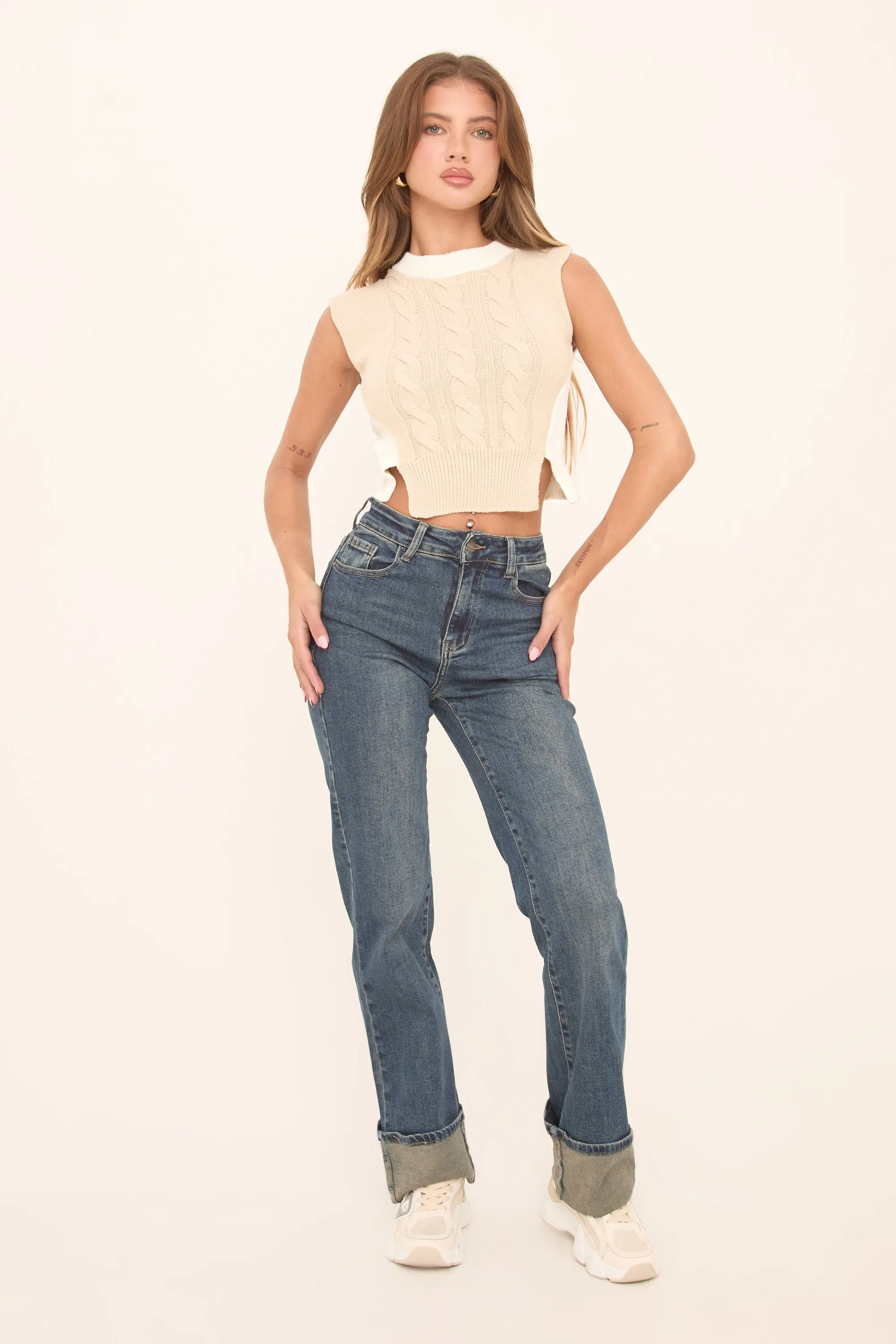 Mid Blue Stretch Turn up Hem Straight Leg Jeans - Moxie