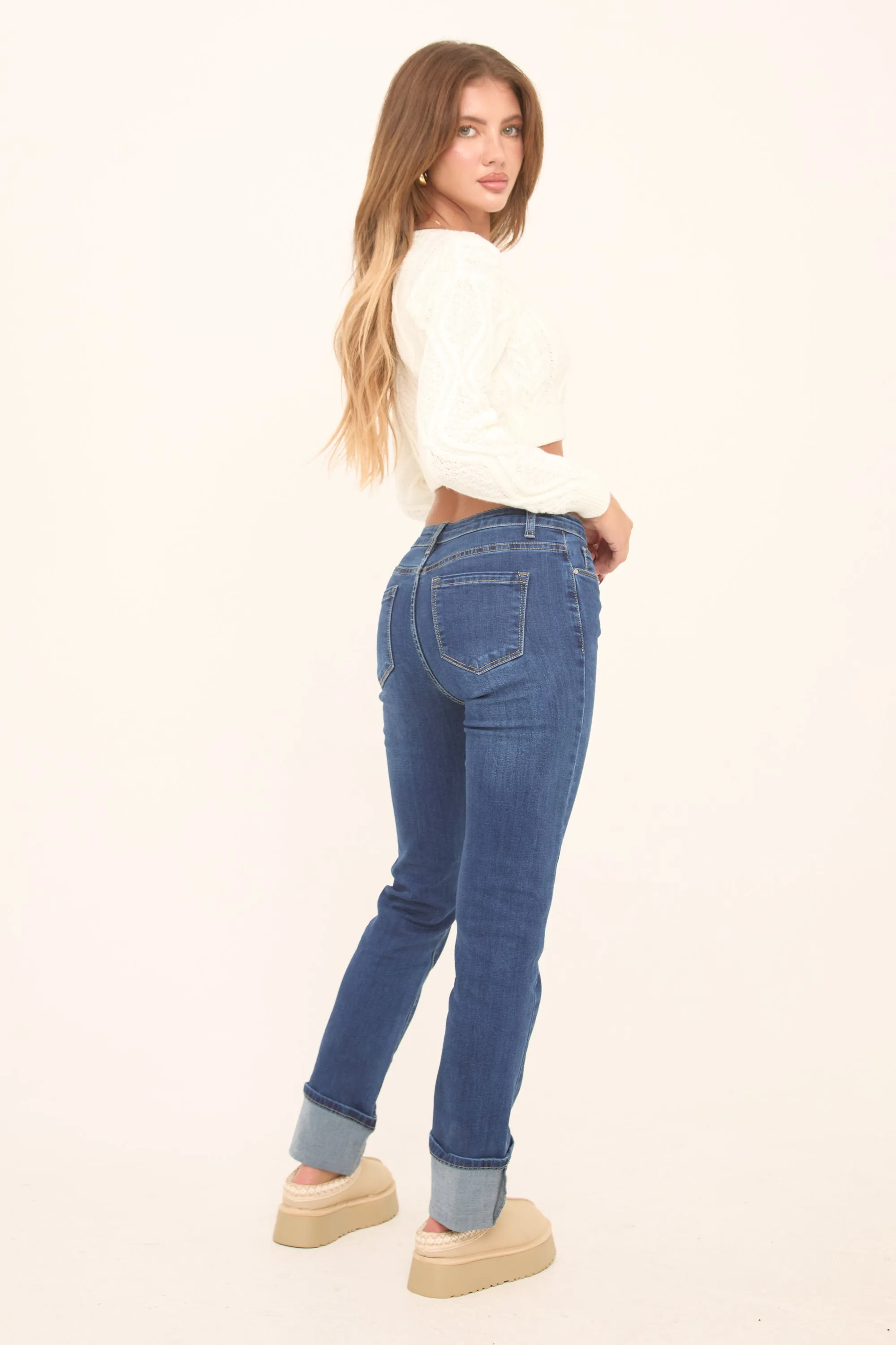 Mid Blue Stretch Turn Up Hem Straight Leg Jeans - Roy