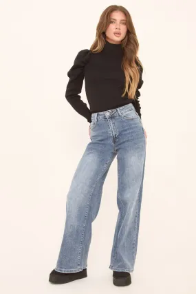 Mid Blue Stretch Wide Leg Denim Jeans - Winona