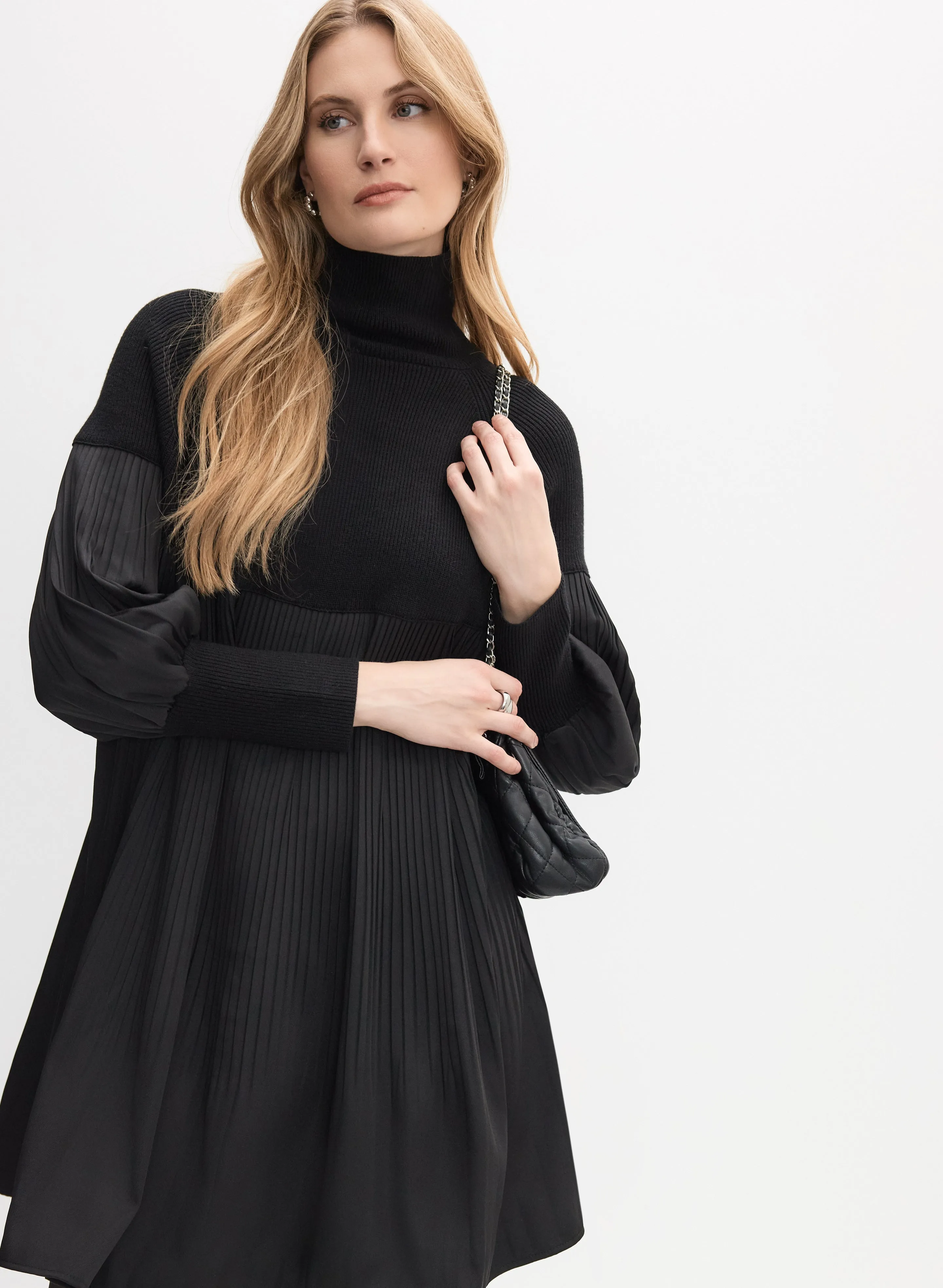 Mixed Knit Plissé Dress