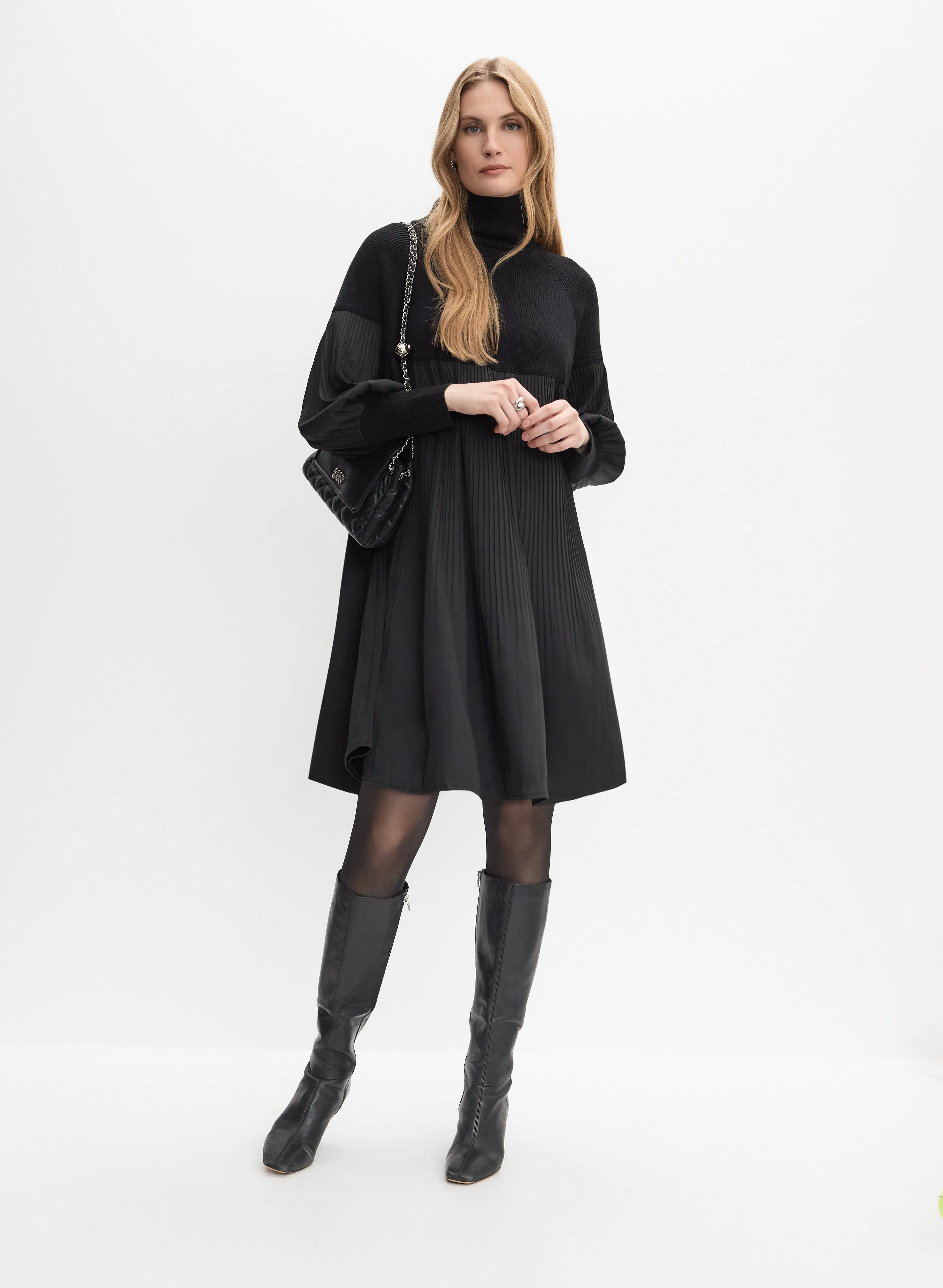 Mixed Knit Plissé Dress