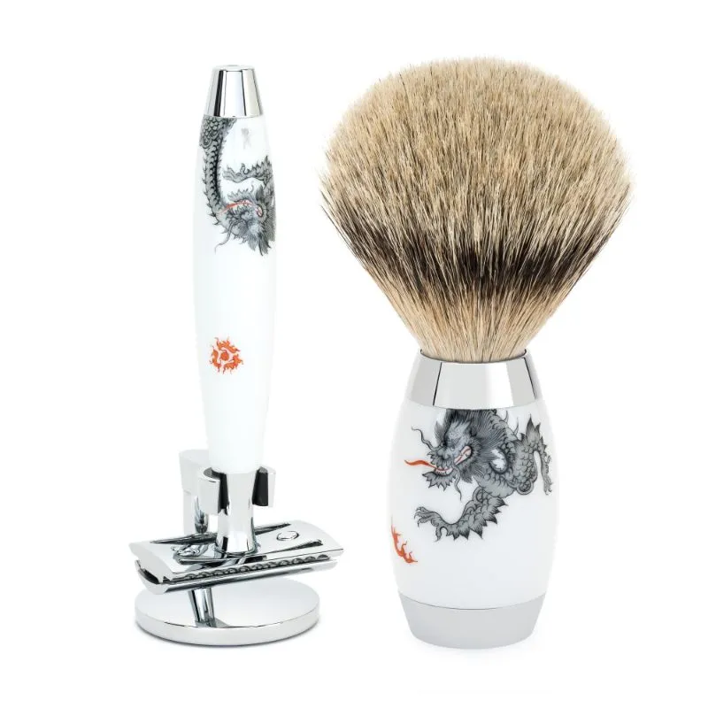 MUHLE Edition, Meissen Porcelain, Shaving Set with Safety Razor & Silvertip Badger Shaving Brush