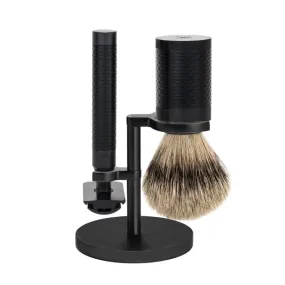 MUHLE Rocca, Stainless Steel Black DLC coated, Shaving Set - Safety Razor, Silvertip Badger Brush