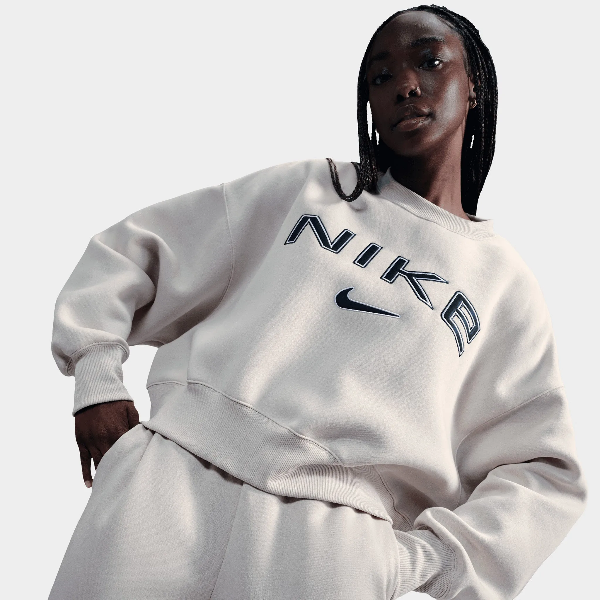 Nike Sportswear Women's Over-Oversized Logo Crewneck Light Orewood Brown / White - Armory Navy