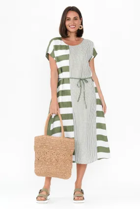 Nunez Khaki Stripe Linen Blend Dress