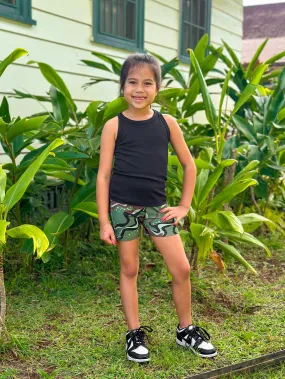 OLIVE MARBLE CAMO MINI COLLECTION KEIKI FITTED SHORTS (ALL SALES FINAL)