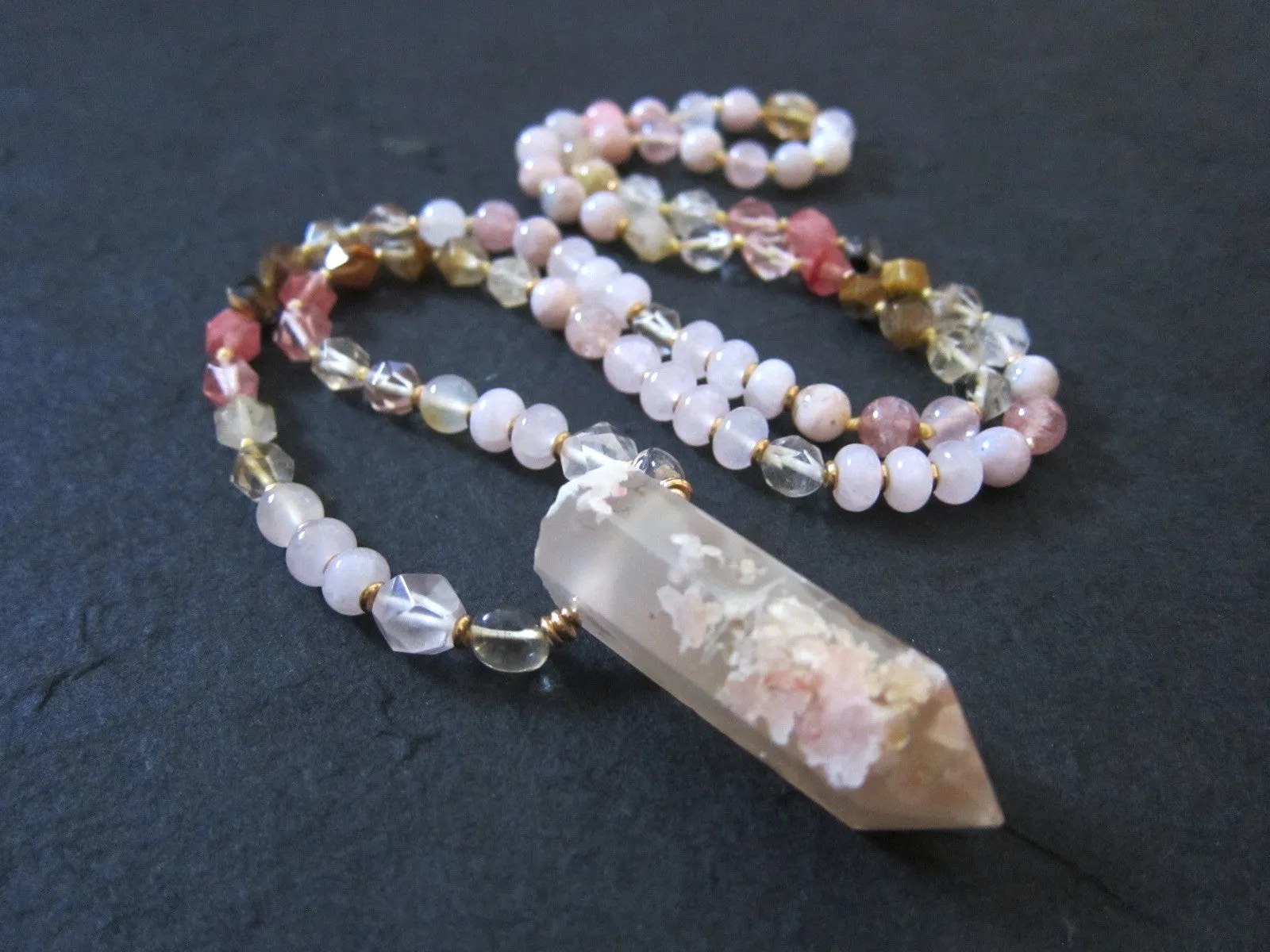 Pink Flower Agate Beaded Necklace in matching Flower Agate Pendant Point