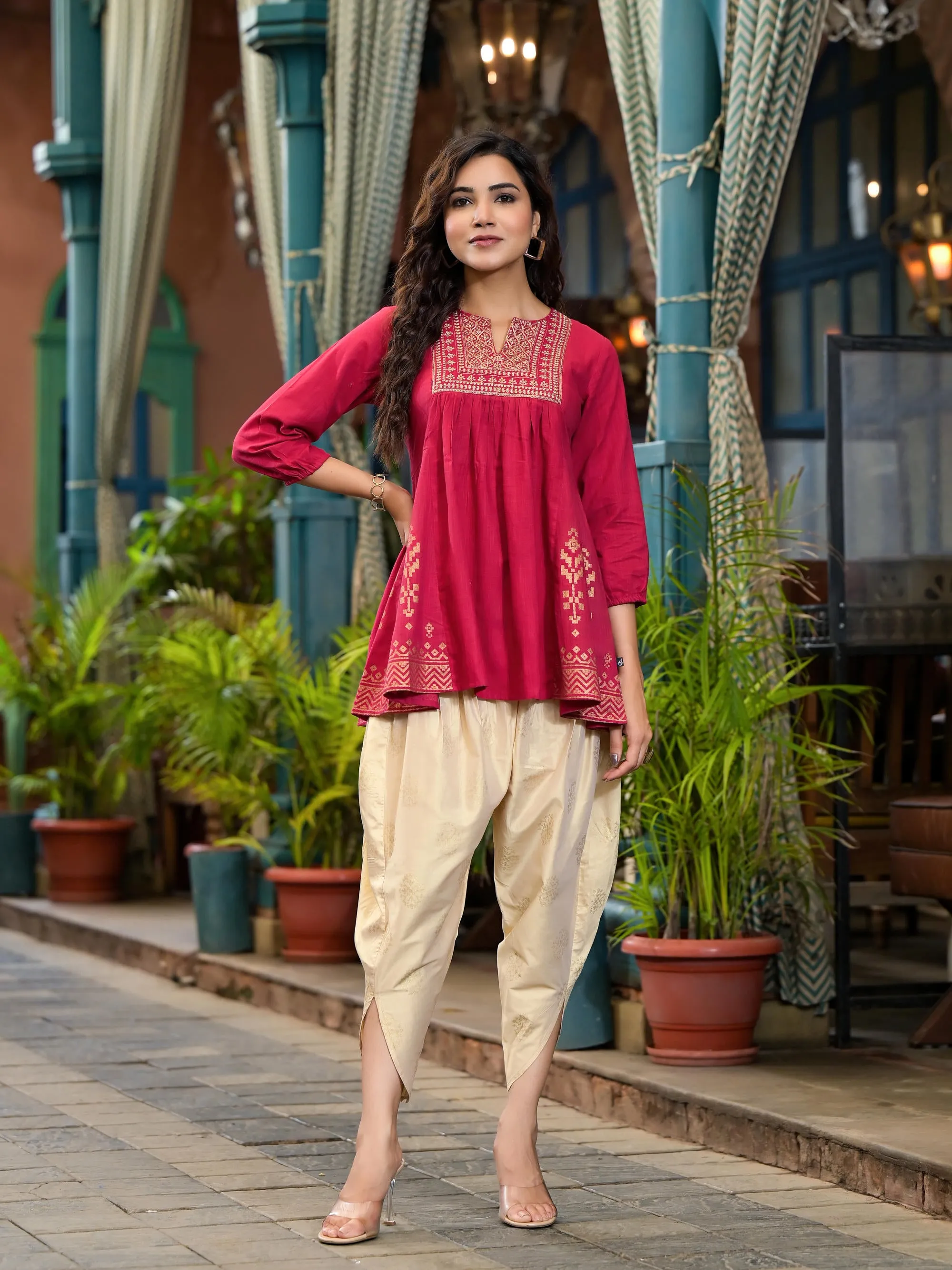 Red Ethnic Motif Printed Cotton Top & Dhoti Pants Set With Zari Work