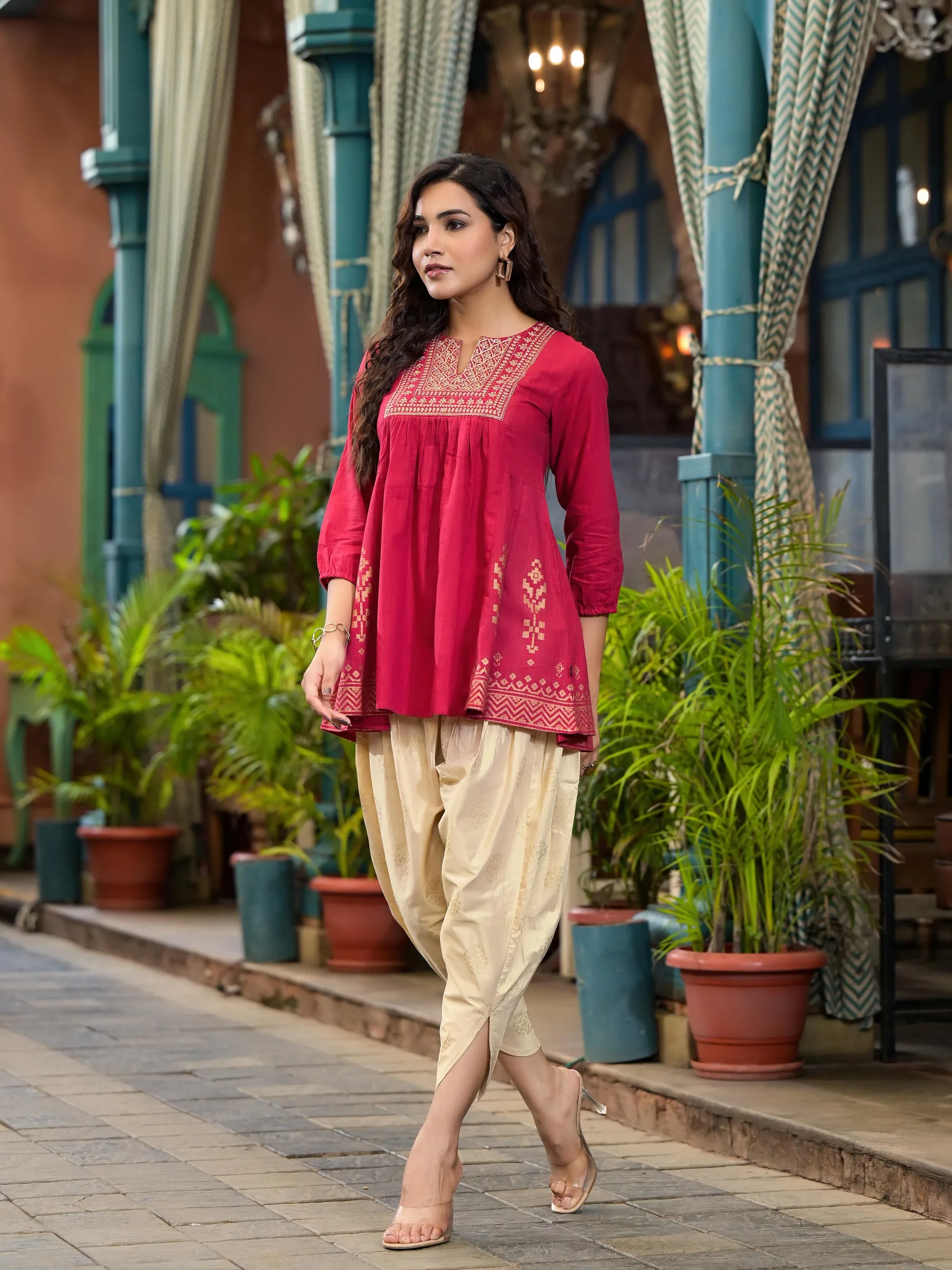 Red Ethnic Motif Printed Cotton Top & Dhoti Pants Set With Zari Work