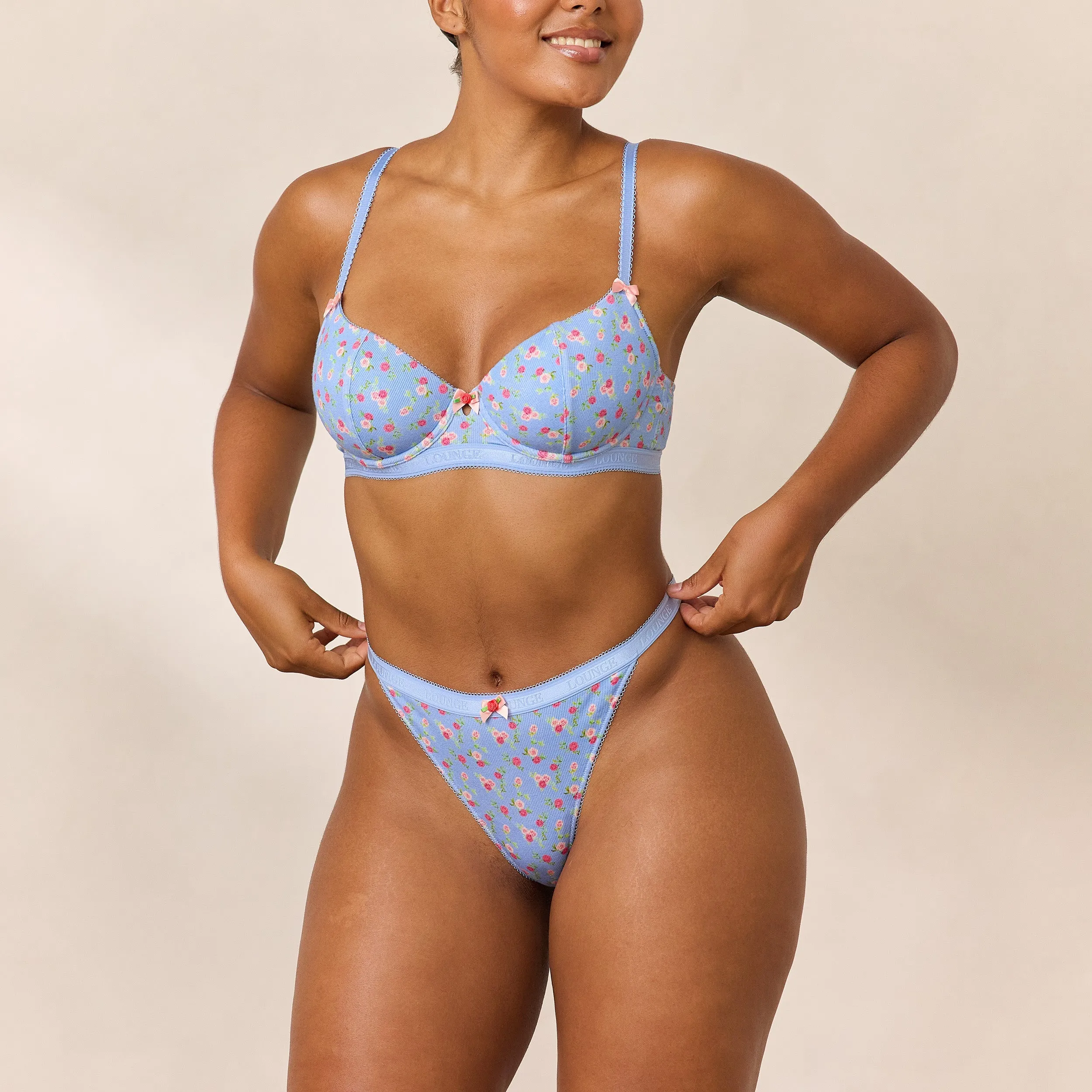 Rosebud Ribbed Balcony Bra  - Blue Floral