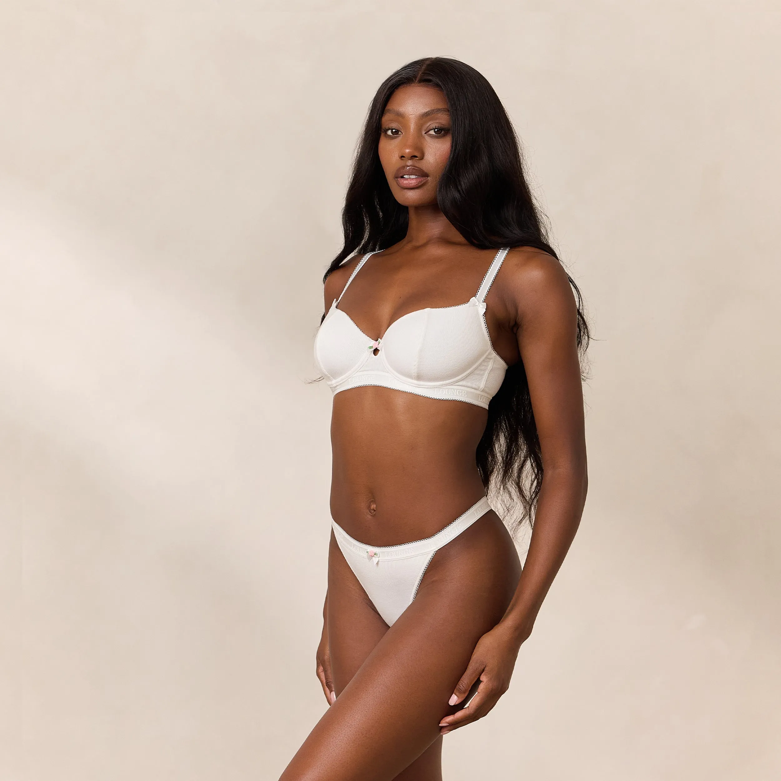 Rosebud Ribbed Balcony Bra - White