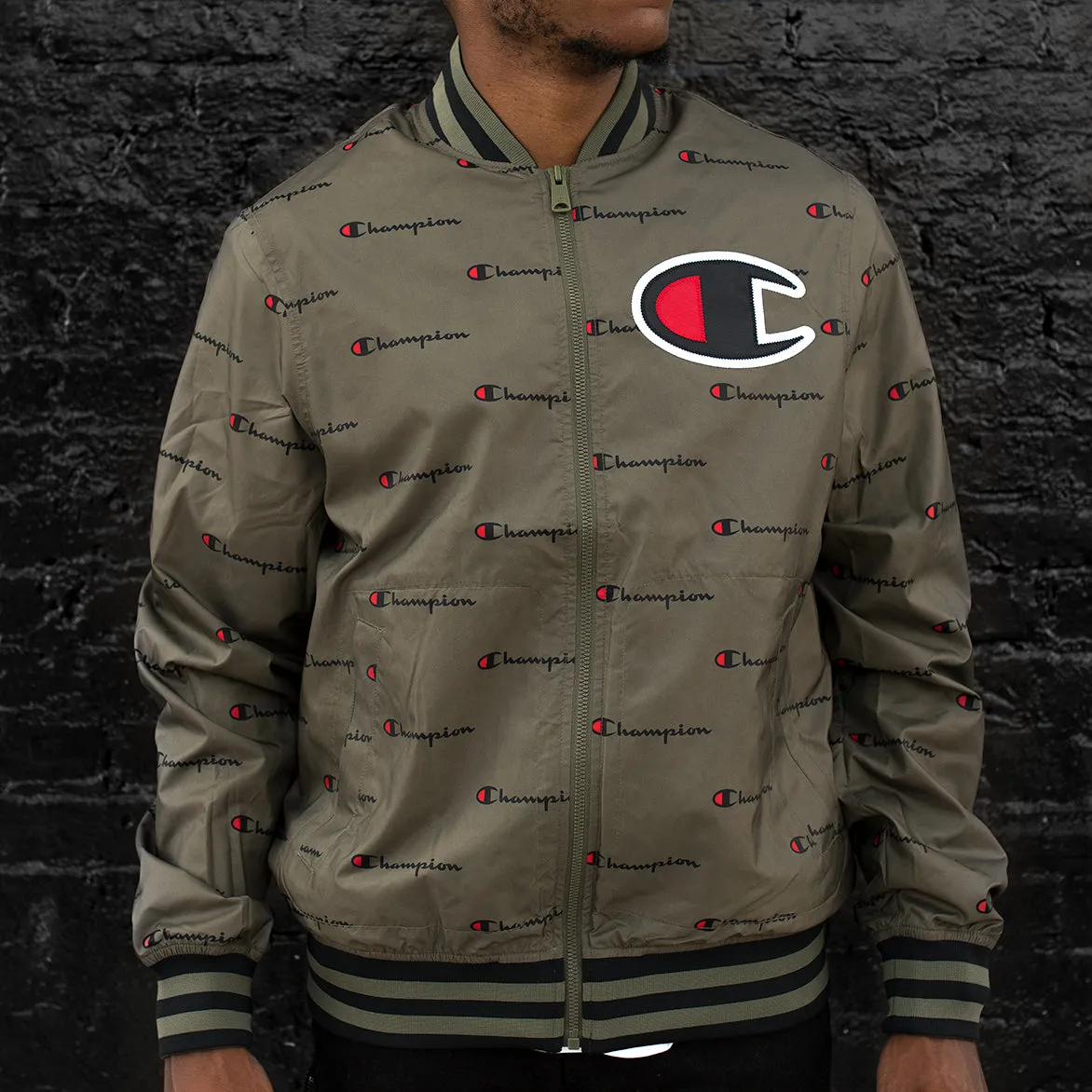 SATIN LOGO BOMBER JACKET - OLIVE