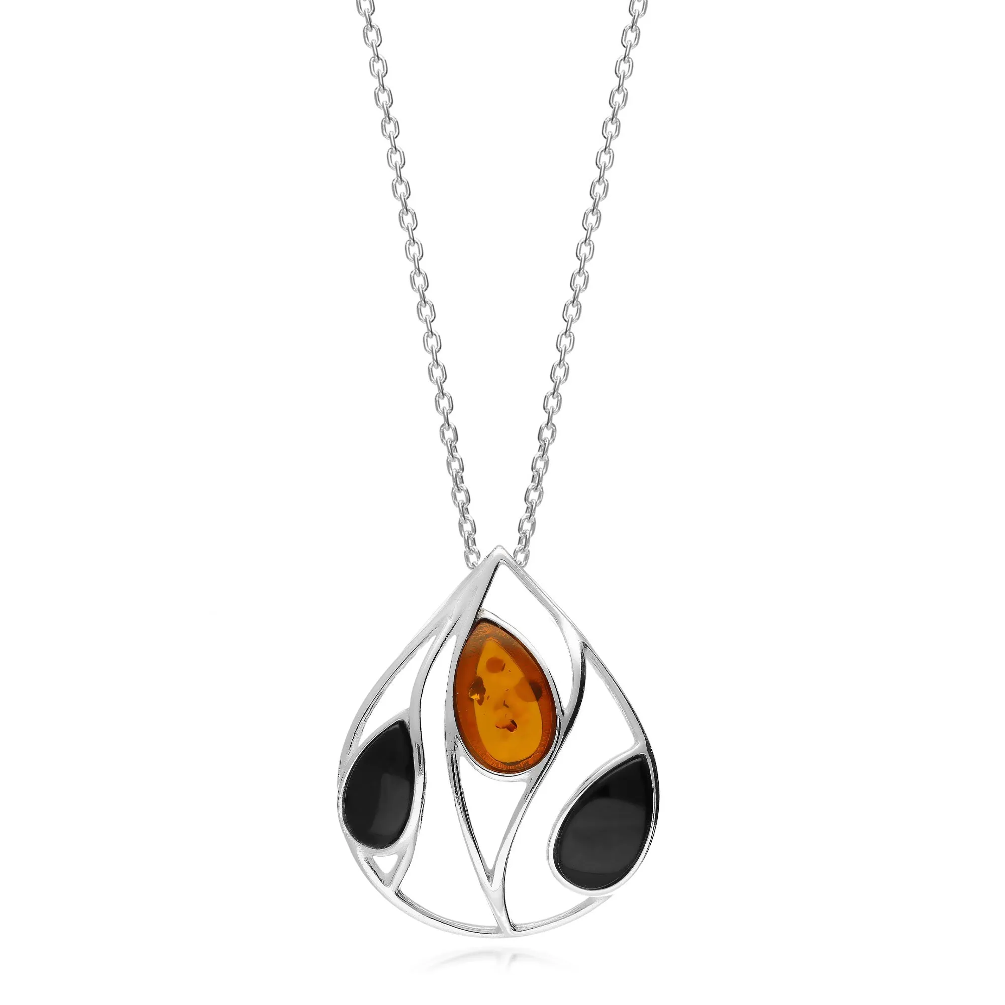 Sterling Silver Amber & Whitby Jet Mixed Leaf 3 Stone Pendant