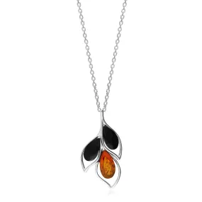 Sterling Silver Amber & Whitby Jet Mixed Three Leaf Pendant