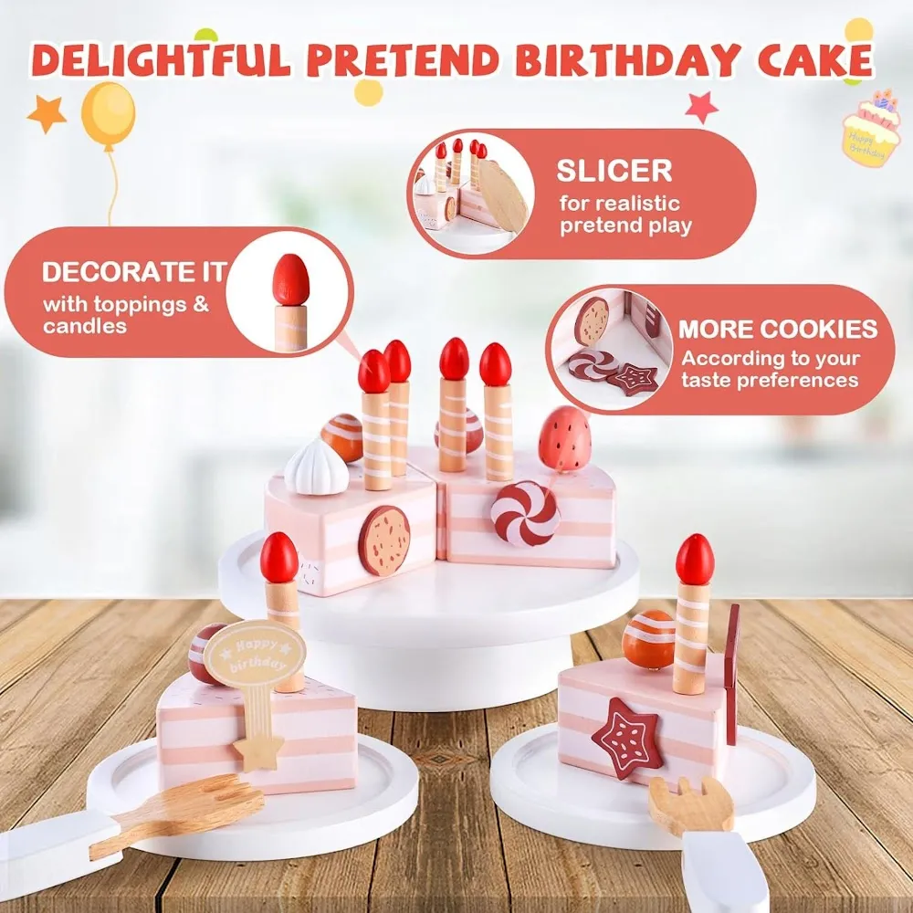 StitchesandTweed Wooden Birthday Cake Toy, Pretend Play Cake Set