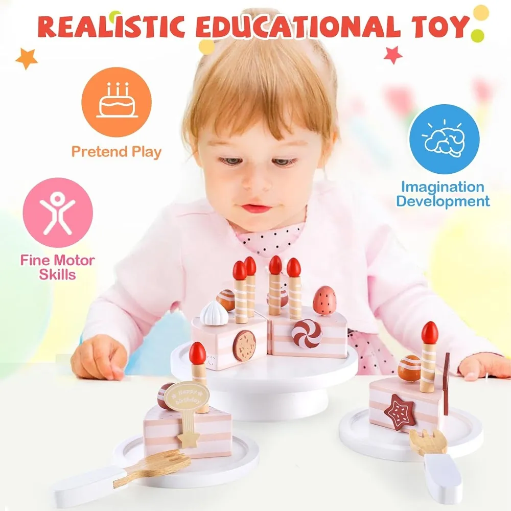 StitchesandTweed Wooden Birthday Cake Toy, Pretend Play Cake Set