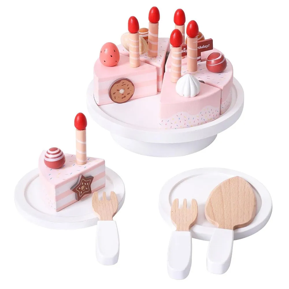 StitchesandTweed Wooden Birthday Cake Toy, Pretend Play Cake Set