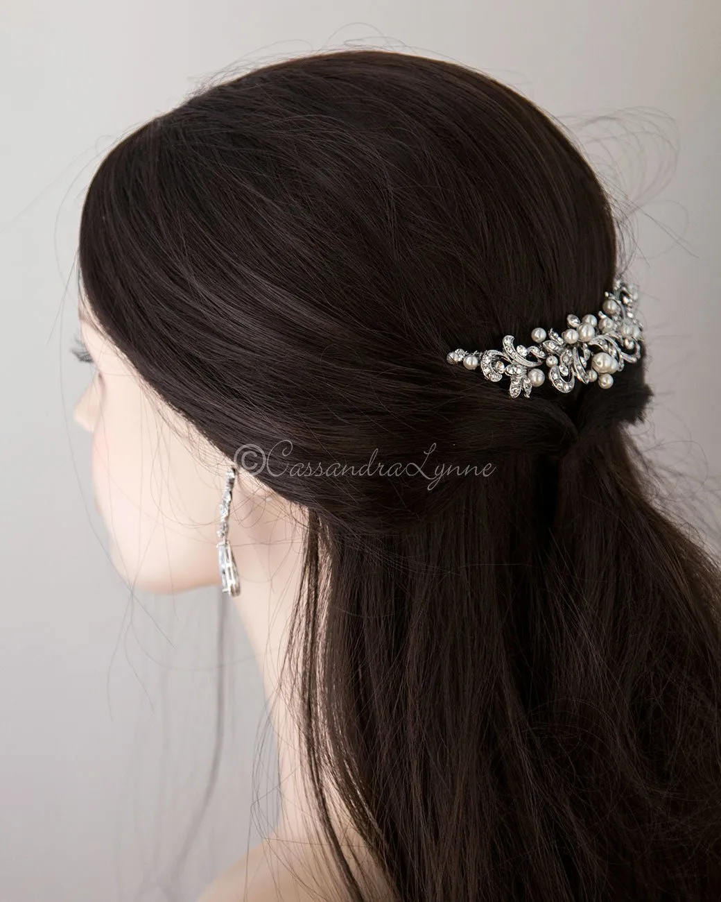 Tiara Comb of Antiqued Silver Scrolls and Pearls