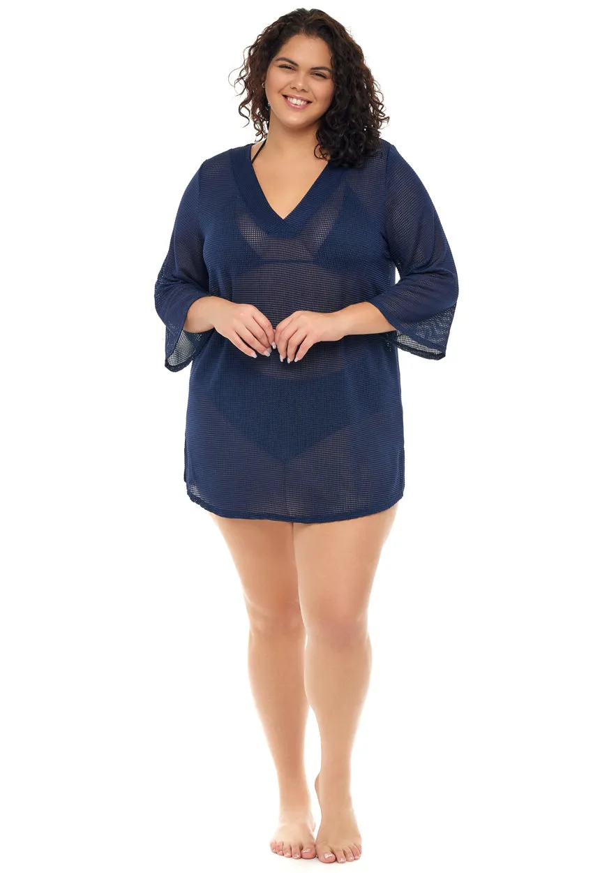 V-NECK PLACKET BELL SLEEVE TUNIC - GOFRET - PLUS SIZE