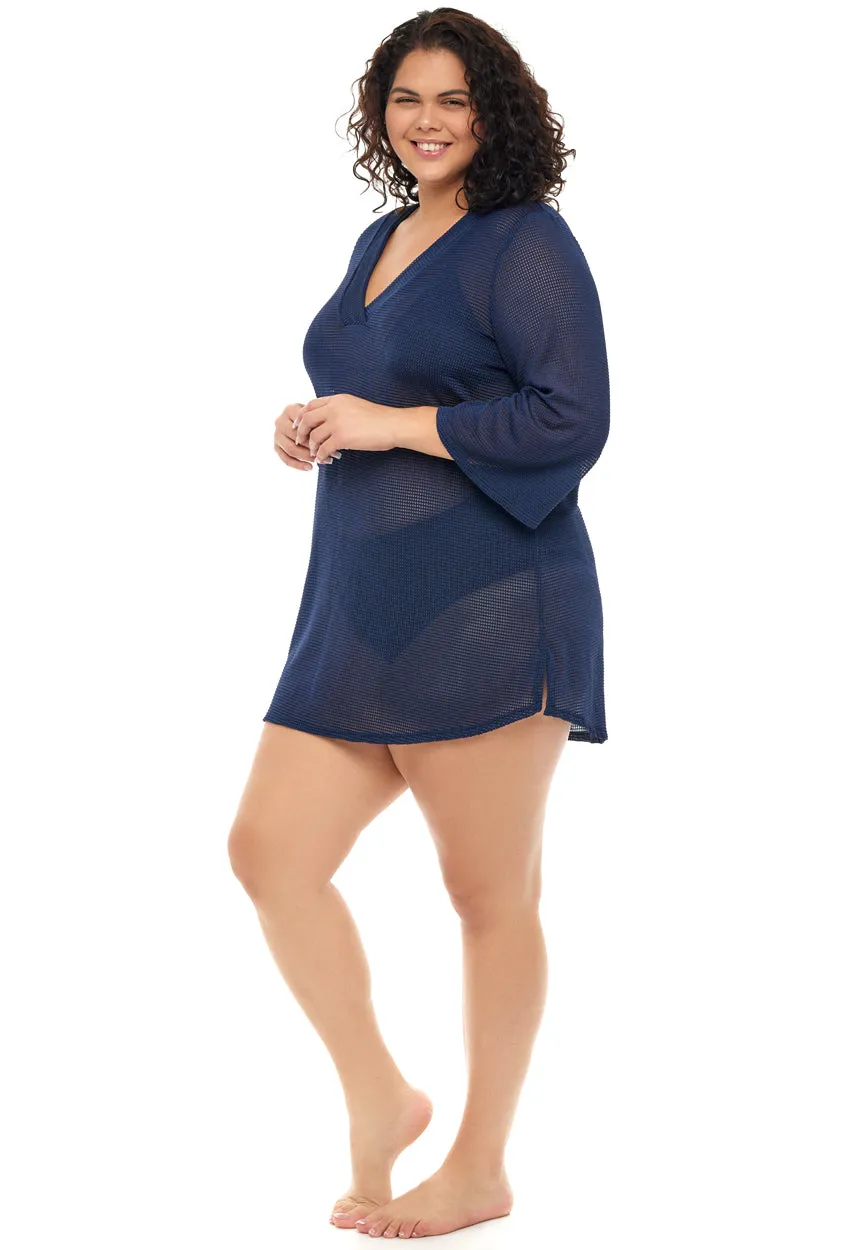 V-NECK PLACKET BELL SLEEVE TUNIC - GOFRET - PLUS SIZE