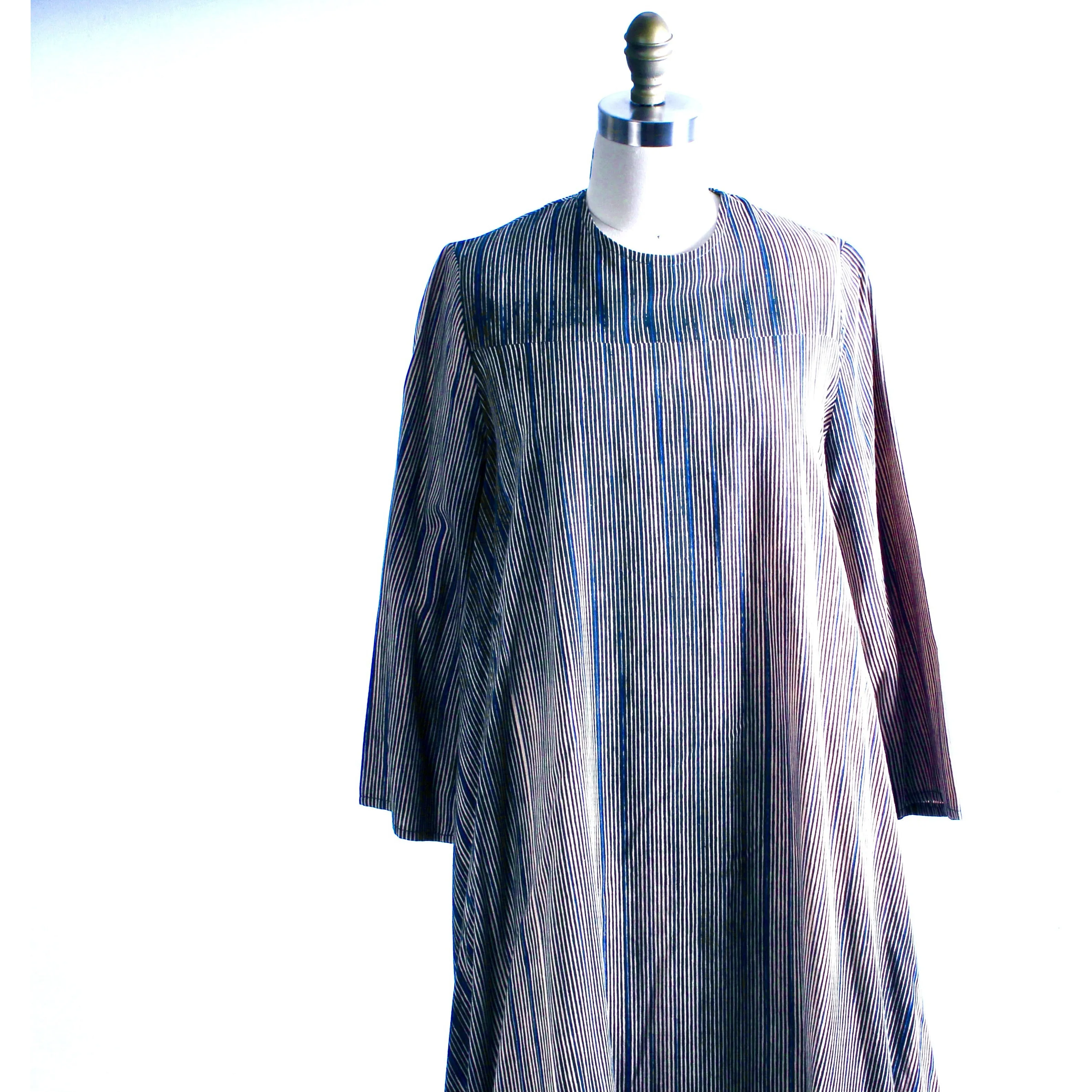 Vintage 1970s Vuokko Tent Dress Black Tan Blue Tan Vertical Stripes Iconic Cotton 38 M/L