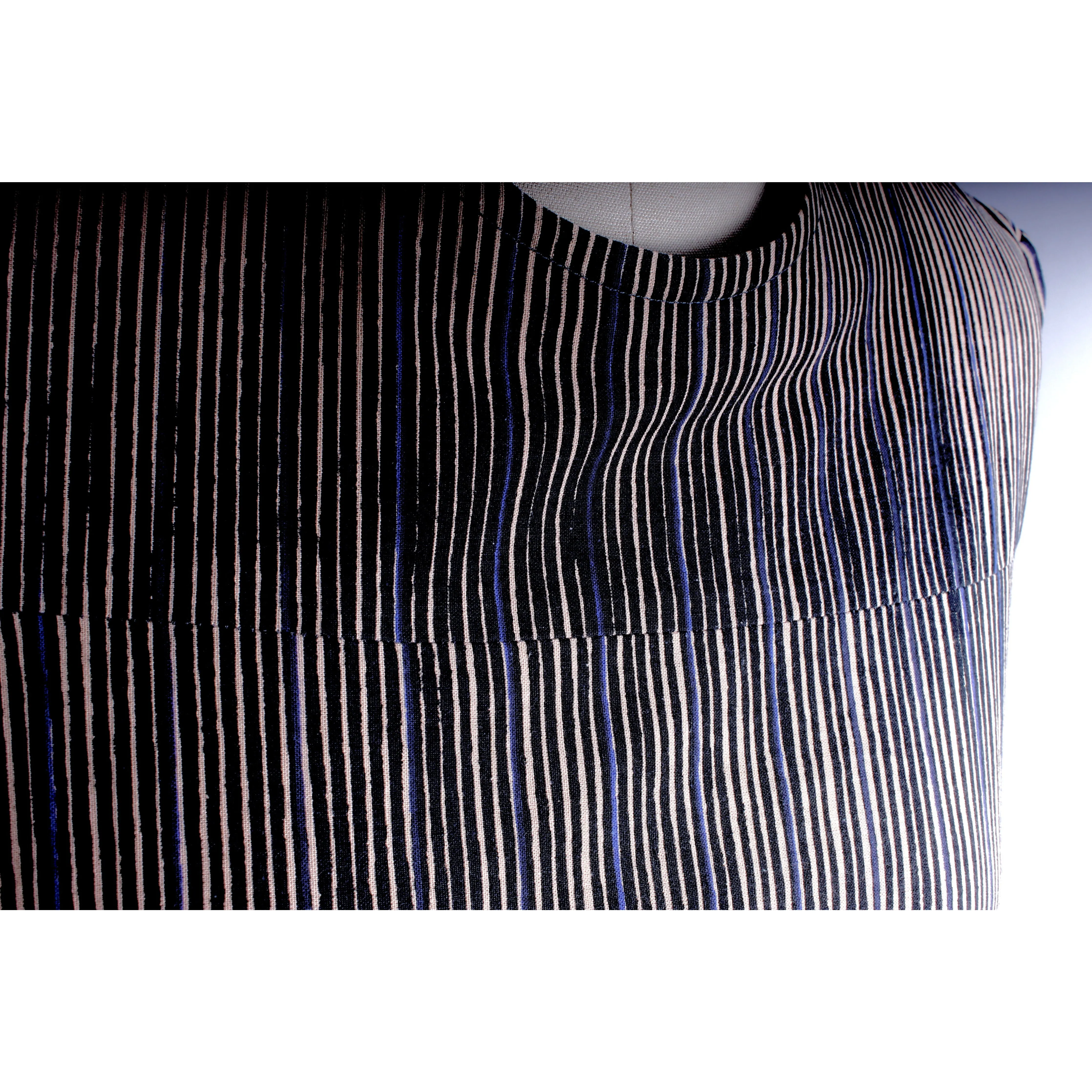 Vintage 1970s Vuokko Tent Dress Black Tan Blue Tan Vertical Stripes Iconic Cotton 38 M/L