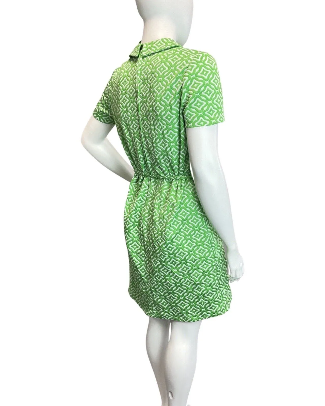 VINTAGE 60s 70s APPLE GREEN WHITE GEOMETRIC MOD DAGGER SHIRT DRESS 16 18