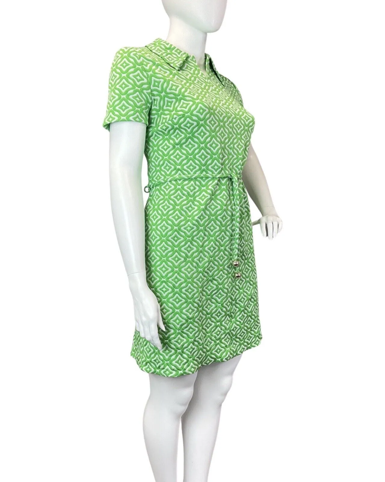 VINTAGE 60s 70s APPLE GREEN WHITE GEOMETRIC MOD DAGGER SHIRT DRESS 16 18