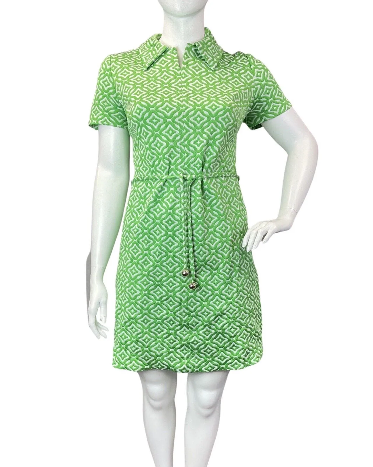 VINTAGE 60s 70s APPLE GREEN WHITE GEOMETRIC MOD DAGGER SHIRT DRESS 16 18