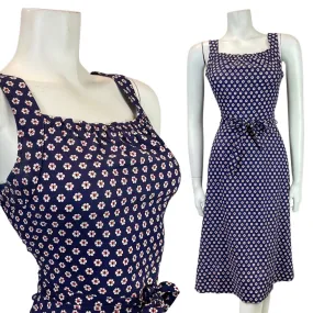 VINTAGE 60s 70s BLUE WHITE RED POLKA-DOT DAISY FLOWER STRAPPY SUN DRESS 8