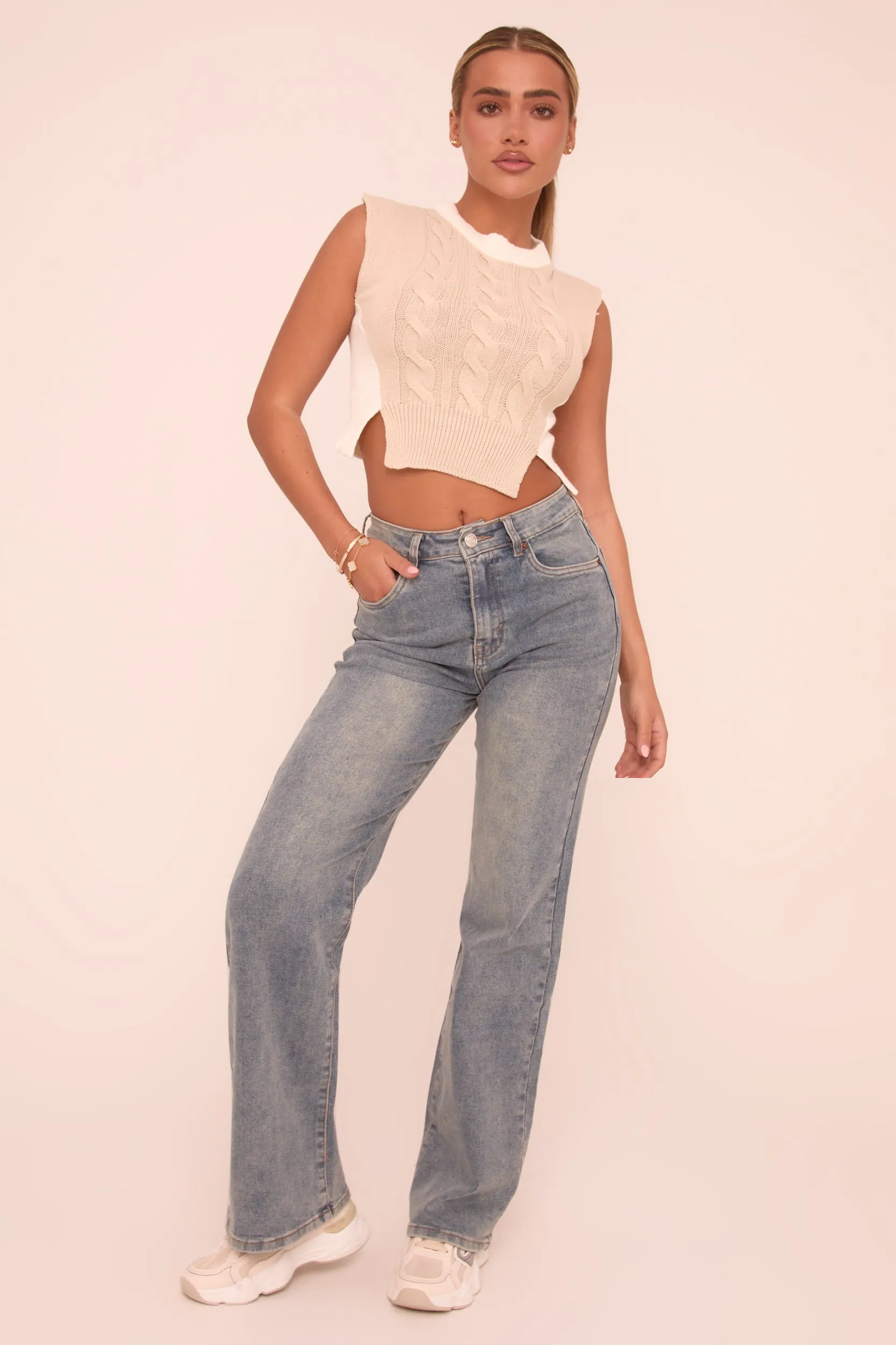 Washed Mid Blue Stretch Straight Leg Jeans - Brianna