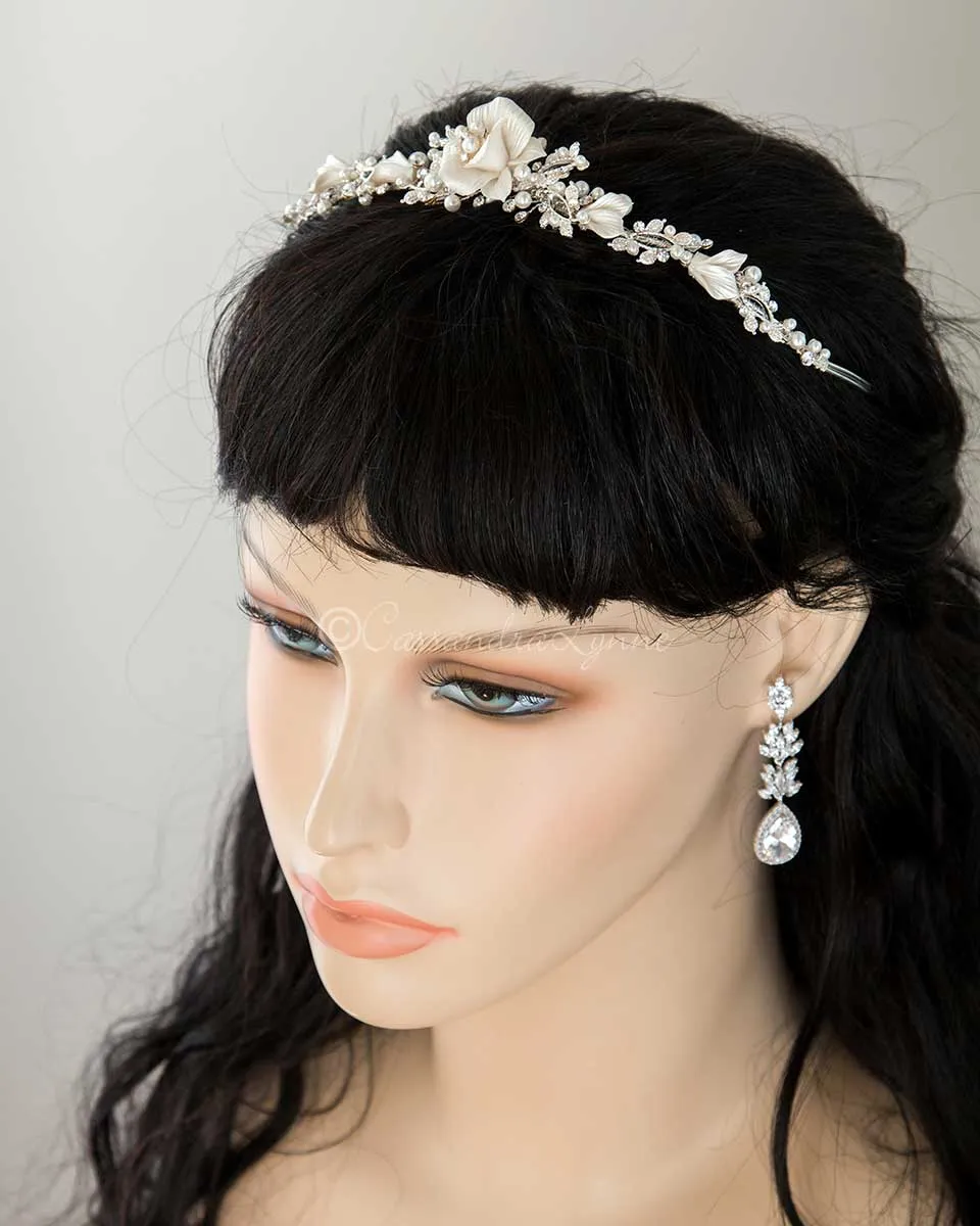 Wedding Tiara of Pearls and Porcelain Flower