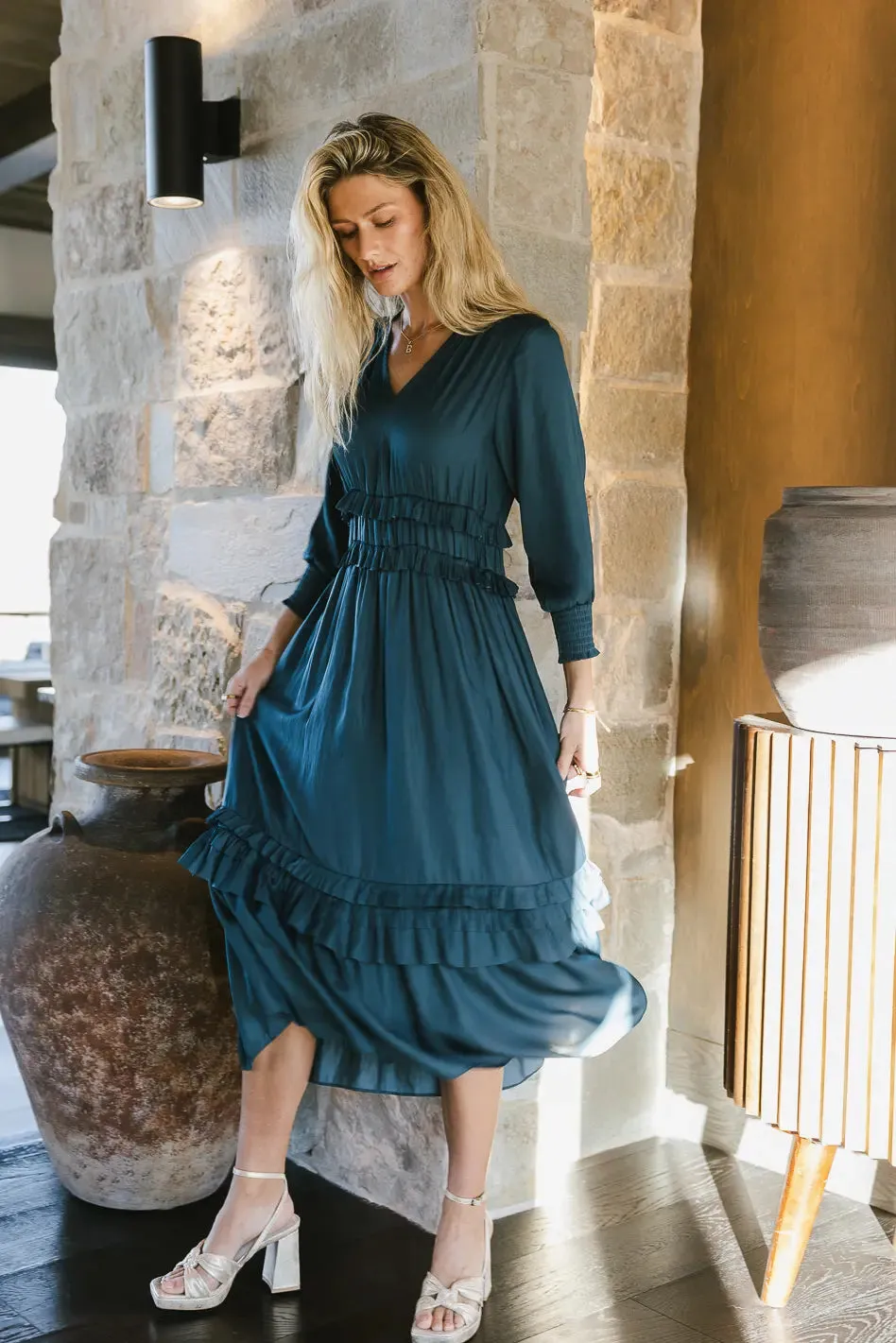 Willa Sleeved Ruffle Dress in Teal