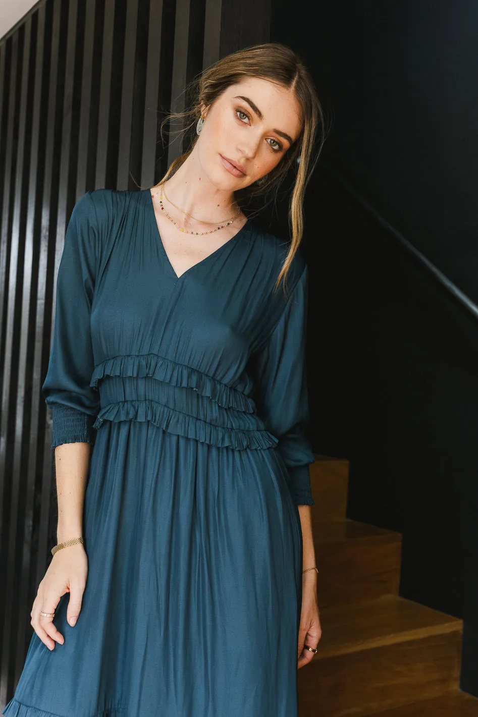 Willa Sleeved Ruffle Dress in Teal